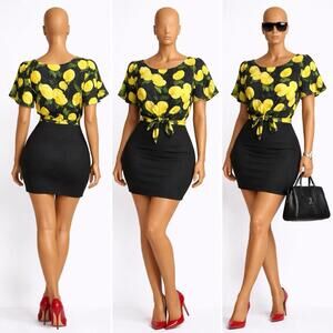 pirate women lemon print tie front crop blouse small yellow black